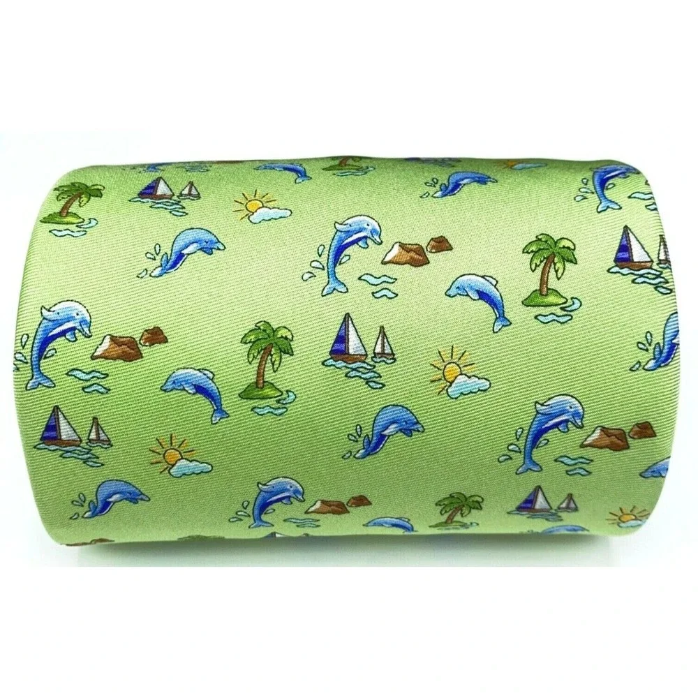 Jos. A. Bank Tie Dolphins Beach Palms Sailboats Green Hand-sewn All Silk Necktie